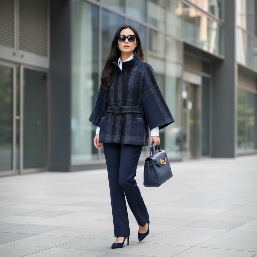 Theory Virgin Wool Belted NIVALIS Jacket M Navy Plaid Kimono Sleeve Funnel Neck